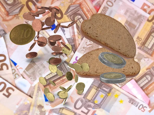 Money Euro Coins Bread Consumer Basket Economic Crisis Inflation Poverty — Stock Photo, Image