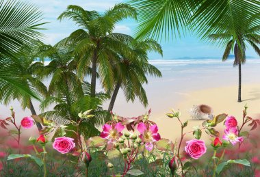  Mavi turkuaz deniz suyu ve gökyüzü, beyaz kum üzerinde palmiye ağacı yaz tatili yaz tatili seyahati. 