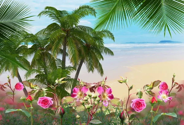  Mavi turkuaz deniz suyu ve gökyüzü, beyaz kum üzerinde palmiye ağacı yaz tatili yaz tatili seyahati. 