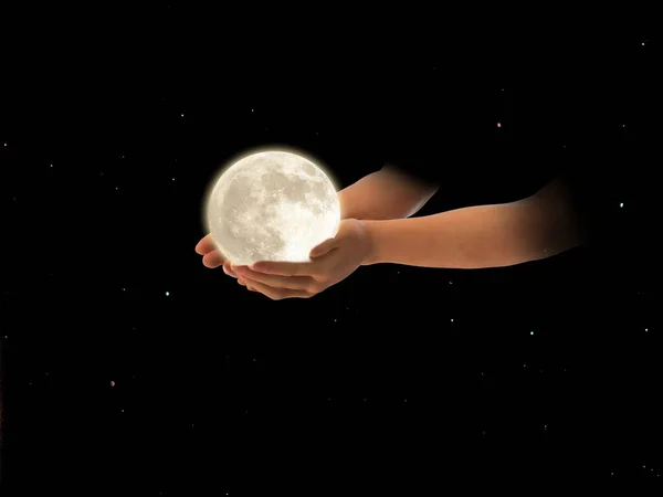 Moon Hands Front Blue Cloudy Sky Hold Peace Concept Natire — Stock Photo, Image