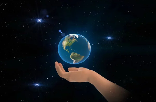 Ziemia Globus Rękach Froncie Niebieski Gwiaździsty Niebo Mgławica Trzymać Świat — Zdjęcie stockowe