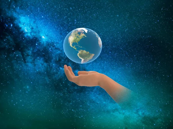 Earth Globe Hands Front Blue Starry Sky Nebula Hold World — Stock Photo, Image