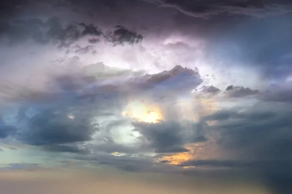 Sky Dramatic Clouds Blue Yellow Sun Beam Panorama Nature Weather — Foto de Stock