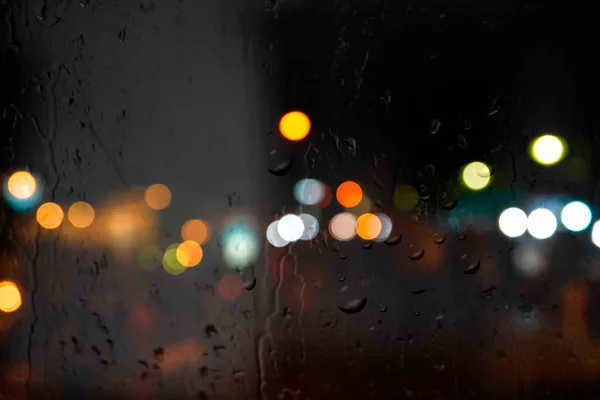 Rainy Drops Window Glass City Blurred Evening Light Window Rain — Foto Stock
