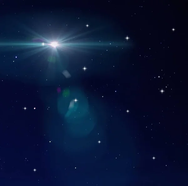 Azul Noite Estrelado Céu Lua Grande Estrelas Flare Luz Fundo — Fotografia de Stock