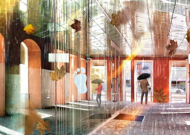people walk in town men and  women with umbrella on  rainy street orange modern buildings windows glass reflection , architecture  at rainy cirty urban background  weather