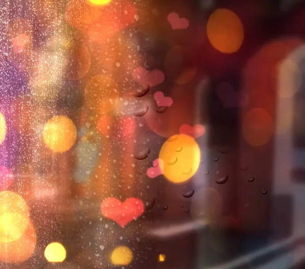 Bokeh Heart Light Rain Drop Window Vitrines Glass Evening City — ストック写真