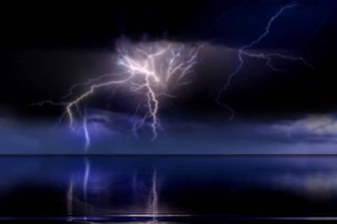  rainy dramatic cloudy blue sky on sea and lightenning ,night skyline nature landscape ,water vawe reflection 