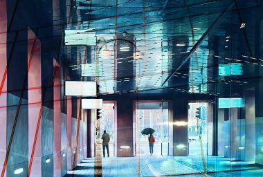  defocus  street shop vitrines windows reflection on buildings sun beam light on glass  urban industrial city panorama   evening sunset in town Tallinn travel to Europe 