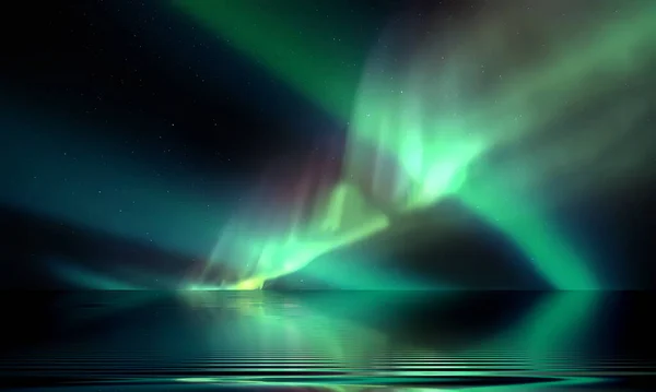 Green Blue Aurora Borealis Starry Sky Northern Sea Wave Reflection — Foto de Stock