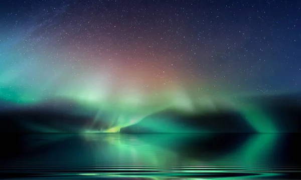 Green Blue Aurora Borealis Starry Sky Northern Sea Wave Reflection — Stock Photo, Image
