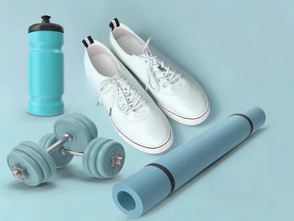 Sports Equipment Sneakers Fitness Mat Dumbbell Water Bottle Blue Background — ストック写真