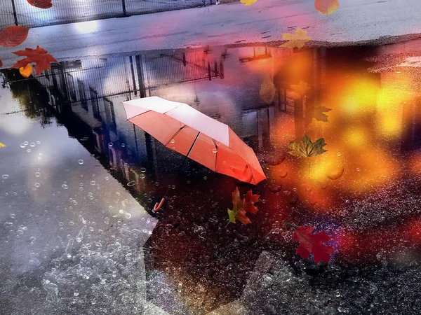 rainy  weather evening  umbrella reflection  on watter  splash  on  asphalt on street rainy blurred light season background