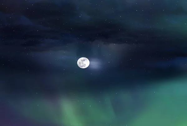 オーロラライラック天の川銀河星雲濃い青緑の光空劇的な夜の雲と明るい満月 Noraway自然景観 — ストック写真