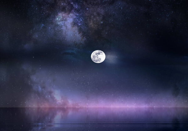 Sunset lilac milky way galaxy nebula dark blue sky dramatic night clouds and bright full moon nature landscape