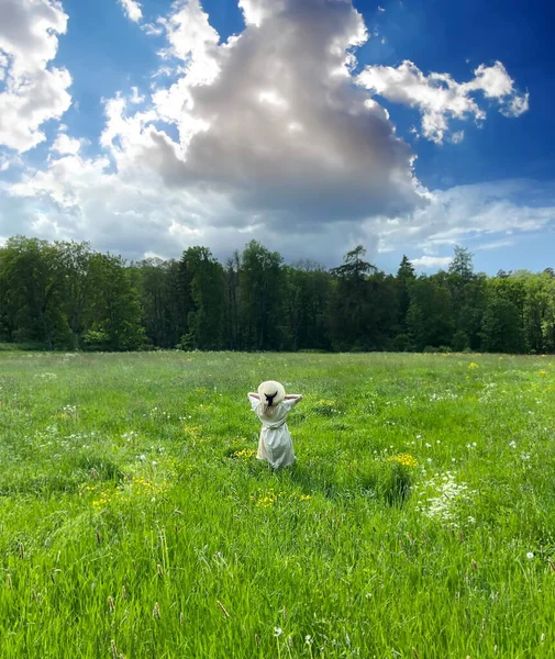 meadow  field and  woman on wild field with blossom yellow flowers and bright sky with white clouds summer nature landscape, green grass herbs  countryside  lifestyle scene