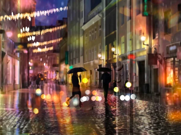 rainy city night light  street reflection people with umbrellas  buildings blurred light red yellow bokeh vew from window urban  Tallinn old town medieval  holiday  lifestyle weather forecast season