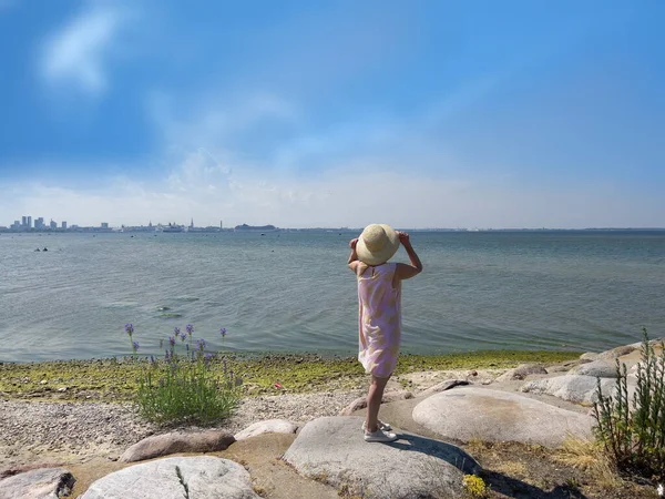 women on wild beach watching cloudy blue sky green sea water and on horizon Tallinn old town  Baltic nature landscape