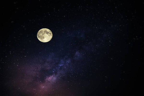 Big moon on night blue starry sky dramatic clouds nebula and milky way universe space