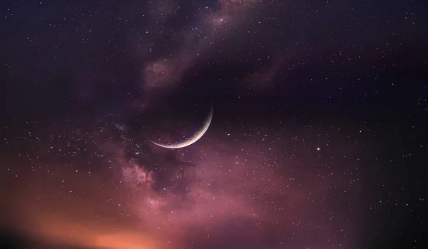 Sonnenuntergang Licht Mond Auf Blauem Sternenhimmel Bewölkten Himmel Nebel Kosmischen — Stockfoto
