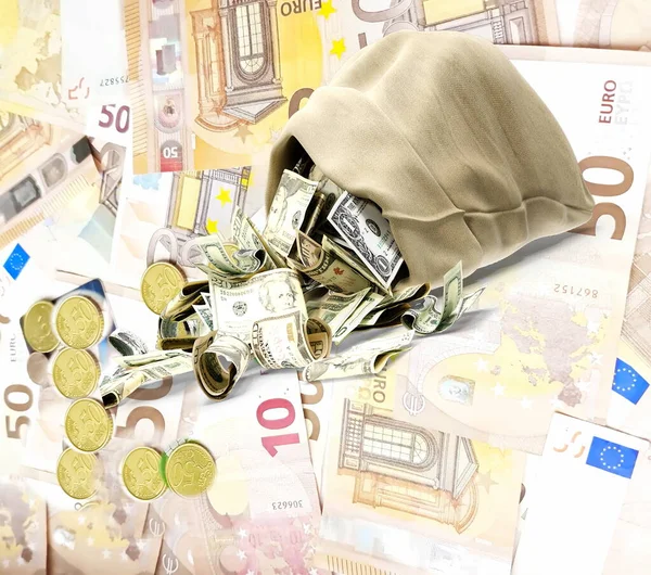 Crise Económica Economizar Dinheiro Saco Pão Com Dinheiro Euro Dólar — Fotografia de Stock