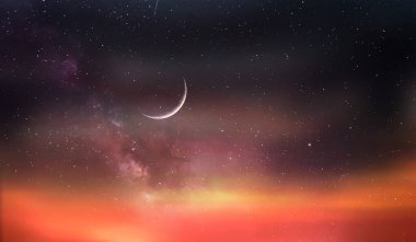  turuncu gün batımı ve leylak mavisi üzerinde ay. Yıldızlı gece dramatik bulutlar nebulası evreni.