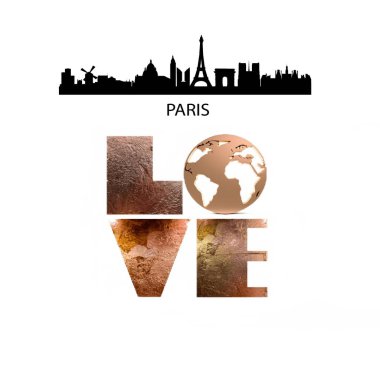 Paris şehir ismi metin harfleri ve dünya beyaz arkaplan fotokopi alanı şablonu Fransa