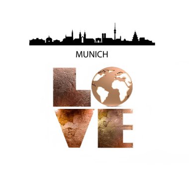  Münih şehir ismi metin harfleri ve dünya beyaz arkaplan fotokopi alanı şablonu kavramına sahip altın aşk metni