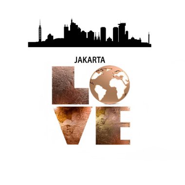 Jakarta şehri ismi metin harfleri ve dünya beyaz arkaplan fotokopi alanı şablon kavramına sahip altın aşk metni