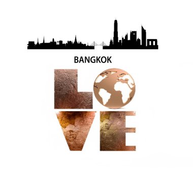 Bangkok şehir ismi metin harfleri ve dünya beyaz arkaplan kopyalama alanı şablonu kavramına sahip altın aşk metni