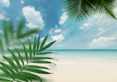  Mavi tropikal gökyüzü Akdeniz 'de yeşil palmiye çiçekleri ile güzel doğa arka plan şablonu kopyalama alanı 