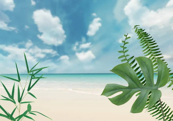Azul Céu Tropical Mediterrâneo Mar Com Greeb Planta Palma Flores — Fotografia de Stock