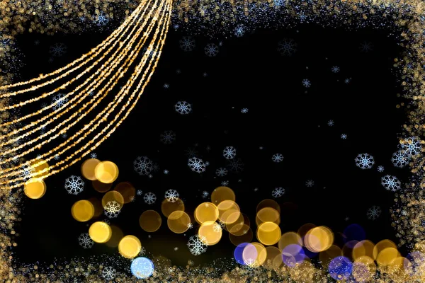 Copos Nieve Navidad Cadenas Oro Azul Oscuro Bokeh Festivo Oro — Foto de Stock