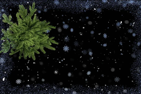 Kerst Sneeuwvlokken Groene Boom Tak Donkerblauw Goud Snaren Bokeh Feestelijke — Stockfoto