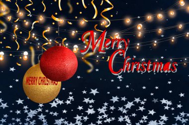 Christmas red gold ball on bokeh background and green tree branch and festive garland  snowflackes  greetings lettering  template banner copy space 