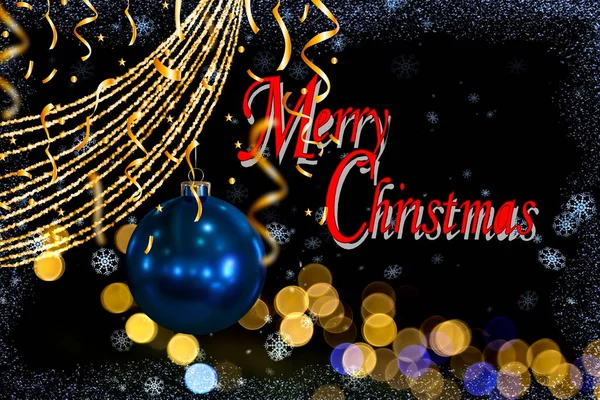 Рождественский Синий Золотой Шар Боке Темный Фон Праздничные Гирлянды Снежинки — стоковое фото