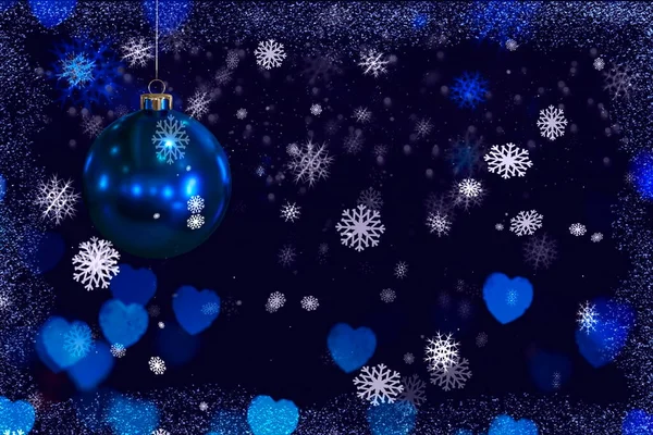 Kerstmis Sneeuwvlokken Blauwe Bal Witte Tekenreeks Begroetingen Belettering Feestelijke Achtergrond — Stockfoto