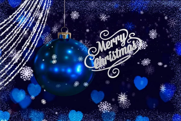 Christmas Snowflakes Blue Ball White String Greetings Lettering Festive Background — Zdjęcie stockowe