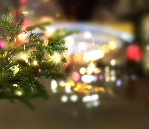 city blurred evening light and festive Christmas tree branch festive garland light defocused urban bokeh background