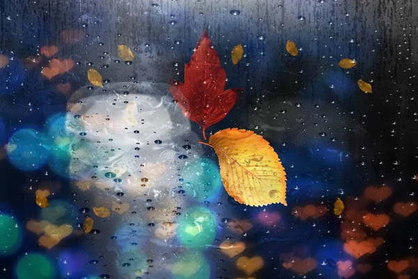 Rainy Street Rain Drops Window Glass People Walk Autumn Leaves — Stock Photo, Image
