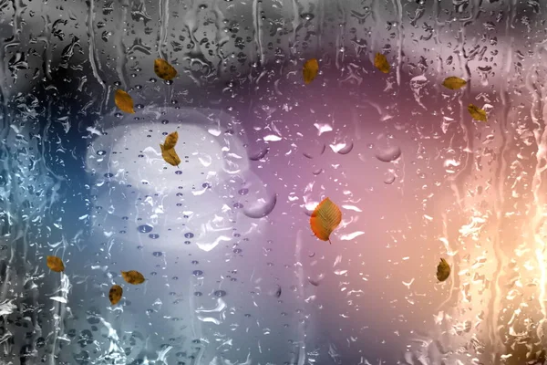 Rain Drops Window Autumn Leaves Rainy Weather Background Template Copy — Photo