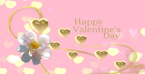 Festive Pink Background Gold Heart Symbol Confetti Happy Valentine Day — Stockfoto