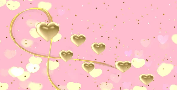 Świąteczne Różowe Tło Złoty Symbol Serca Konfetti Romantyczne Walentynki Ślub — Zdjęcie stockowe