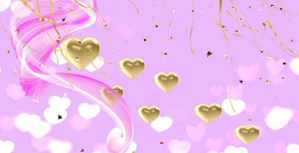 Festive Pink Background Gold Heart Symbol Confetti Romantic Valentine Wedding — Photo