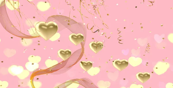 Świąteczne Różowe Tło Złoty Symbol Serca Konfetti Romantyczne Walentynki Ślub — Zdjęcie stockowe