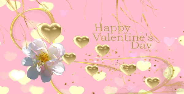 Festive Pink Background Gold Heart Symbol Confetti Happy Valentine Day — Foto Stock