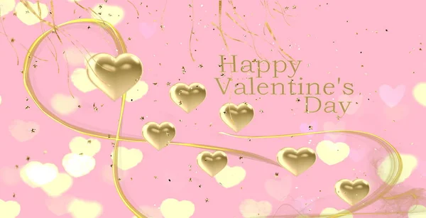 Festive Pink Background Gold Heart Symbol Confetti Happy Valentine Day — 스톡 사진