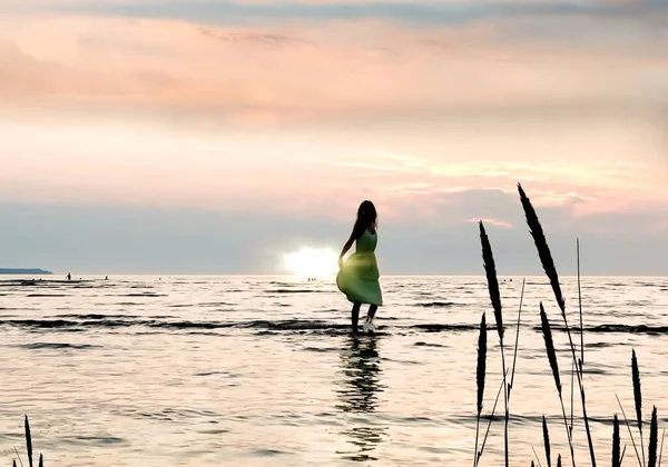 pink sunset and   plant shadow on sea ,young woman in green dress stay in water gold cloudy sky summer seascape
