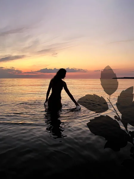 Plant Shadow Woman Silhouette Orange Sunset Sea Water Splash Pink — Stock Photo, Image