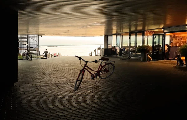 bike on the parapet in the hotel by the sea,  modern building architecture minimalism